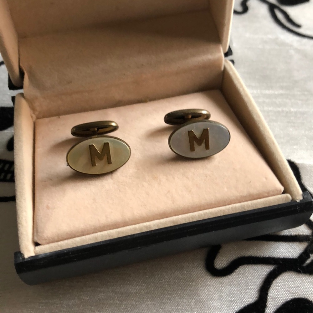 Vintage mother of pearl cuff links with gold “M”